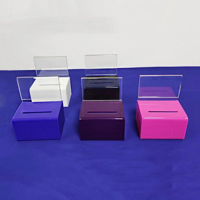 Acrylic donation box with lock, color option acrylic donation box supplier