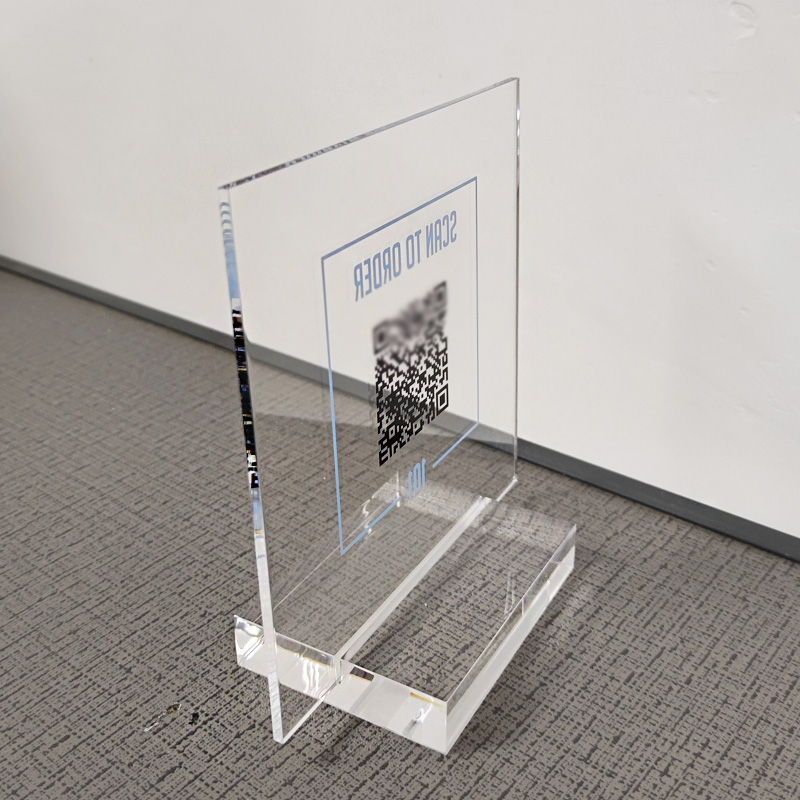 Countertop acrylic QR scan sign holder, perspex scan sign with block base