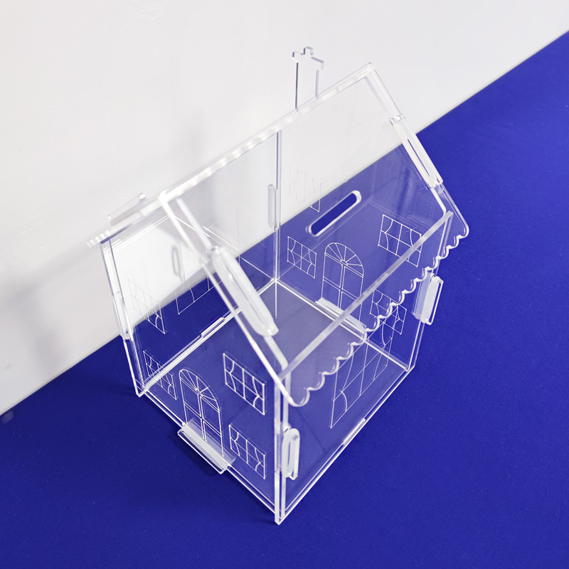 House shaped acrylic coin box, wholesale lucite coin box with rubber band