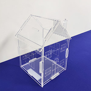 house shaped acrylic coin box, wholesale lucite coin box with rubber band