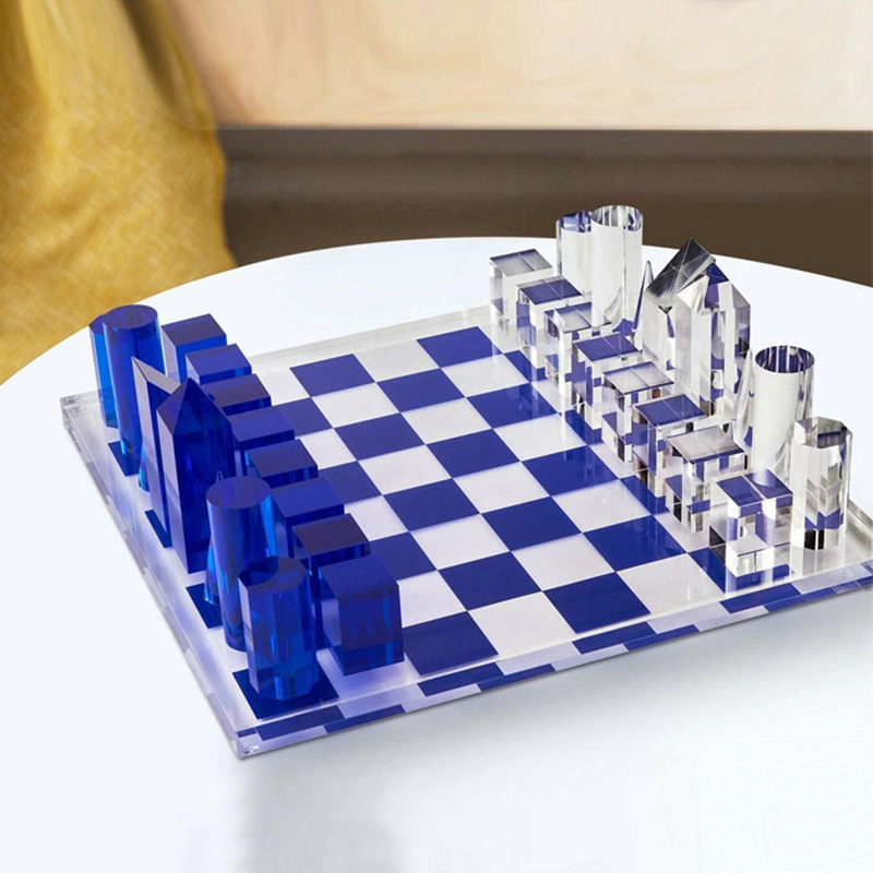 Blue acrylic chess board factory, perspex chess set supplier