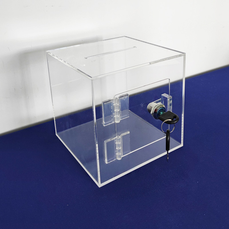 Front door acrylic coin box, lockable lucite box wholesaler