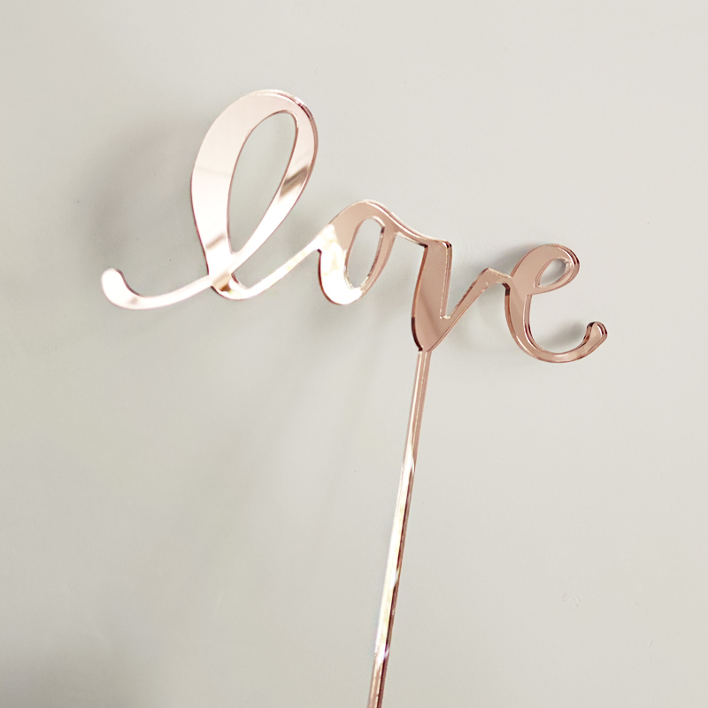 Acrylic love cake topper wholesaler, mirrored perspex cake topper