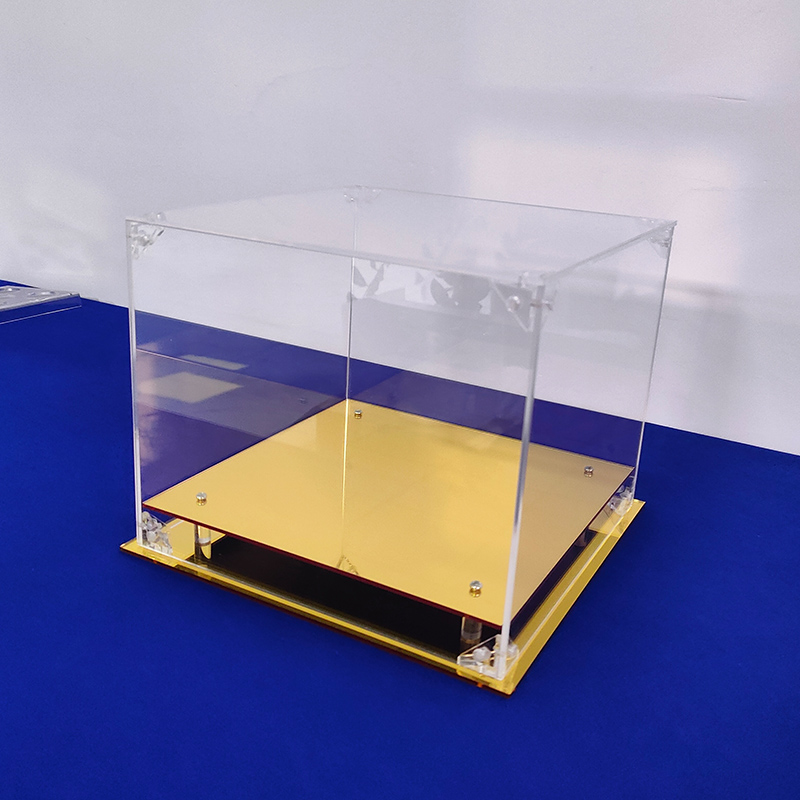 Lucite display box with mirror base risers, mirror acrylic display case 