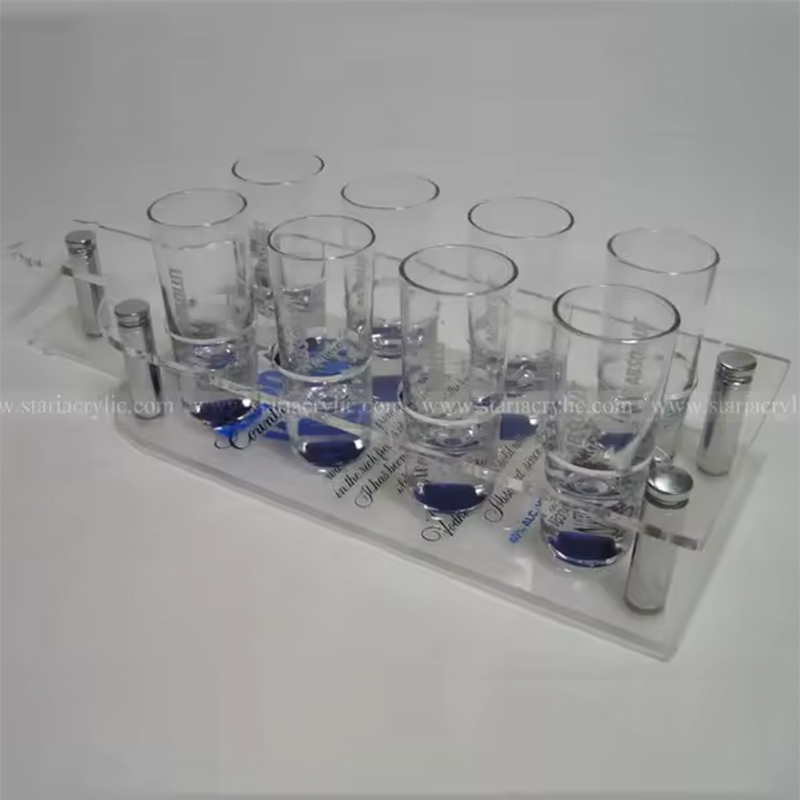 Bottle shape acrylic wine cup holder, acrylic shot glass tray holder